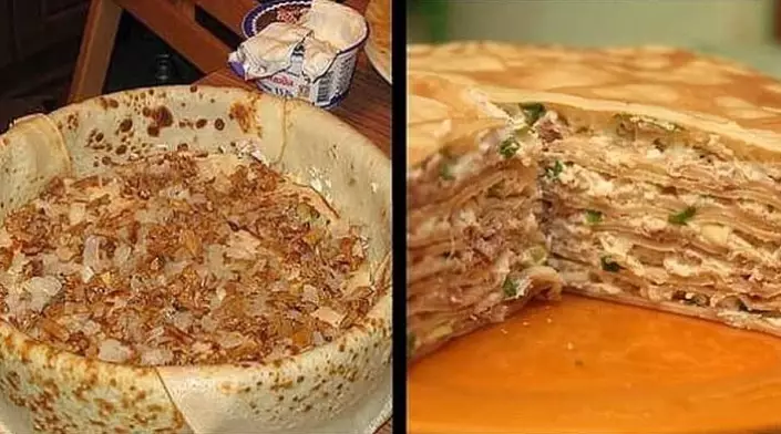 Блинный пирог с курицей и грибами